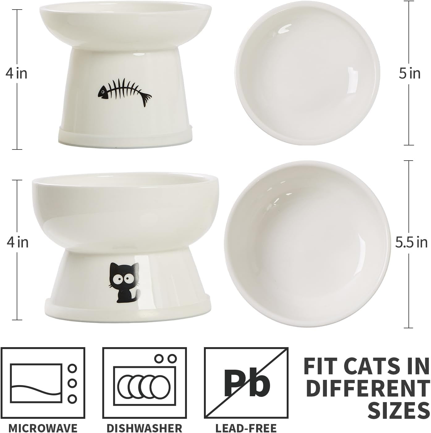 Raised Cat Food and Water Bowl Set, Whisker Friendly Elevated Ceramic Cats Feeder Bowls with anti Slip Ring, Anti-Vomiting Shallow High Porcelain Pet Kitten Dish, Dishwasher Safe(White)