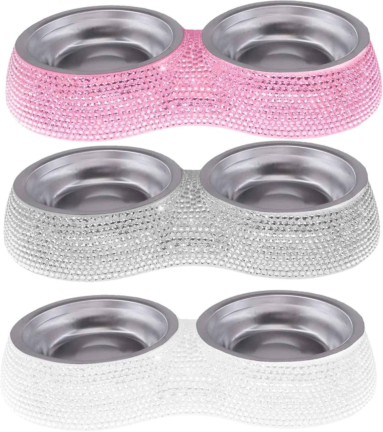 Bling Dog Bowls Pink, 640ML Handmade Bling Rhinestones Stainless Steel Pet Bowls Double Food Water Feeder for Puppy Cats Dogs - Set of 2