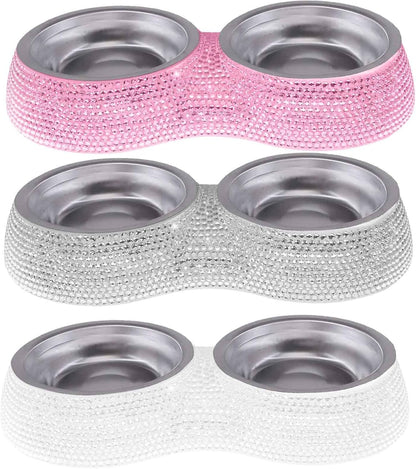 Bling Dog Bowls Pink, 640ML Handmade Bling Rhinestones Stainless Steel Pet Bowls Double Food Water Feeder for Puppy Cats Dogs - Set of 2