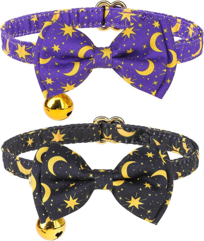 Soft Velvet Safe Cat Collars for Girl Cats -2 Pack Rhinestones Bling Diamante Adjustable Collars Breakaway- Chirstmas Cat Clollar Gifts with Bells for Boy Cats Kitty and Small Dogs