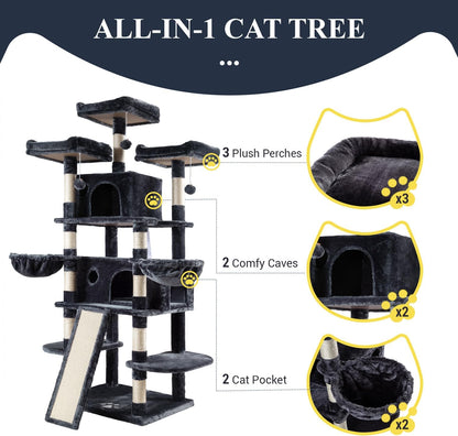 68 Inches Cat Tree/House and Towers for Big Feline/Scratching Post/Multi-Level Large Kitty Climbing Tree with Condo/Smokey Grey