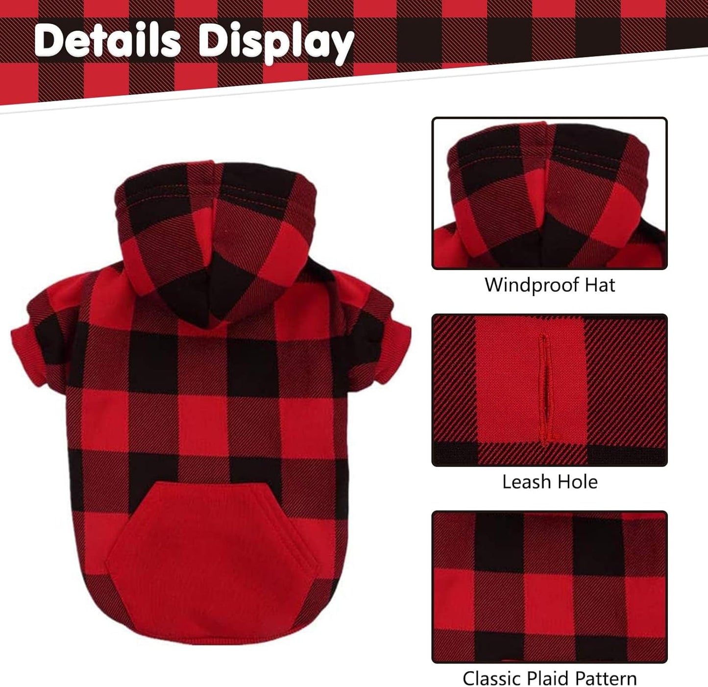 Plaid Dog Hoodie Pet Clothes Sweater with Hat and Pocket for Small Medium Large Size Dogs, Soft Winter Warm Dog Cold Weather Coat, Fleece Fall Dog Hooded Sweatshirt for Puppy Cats, Red XL