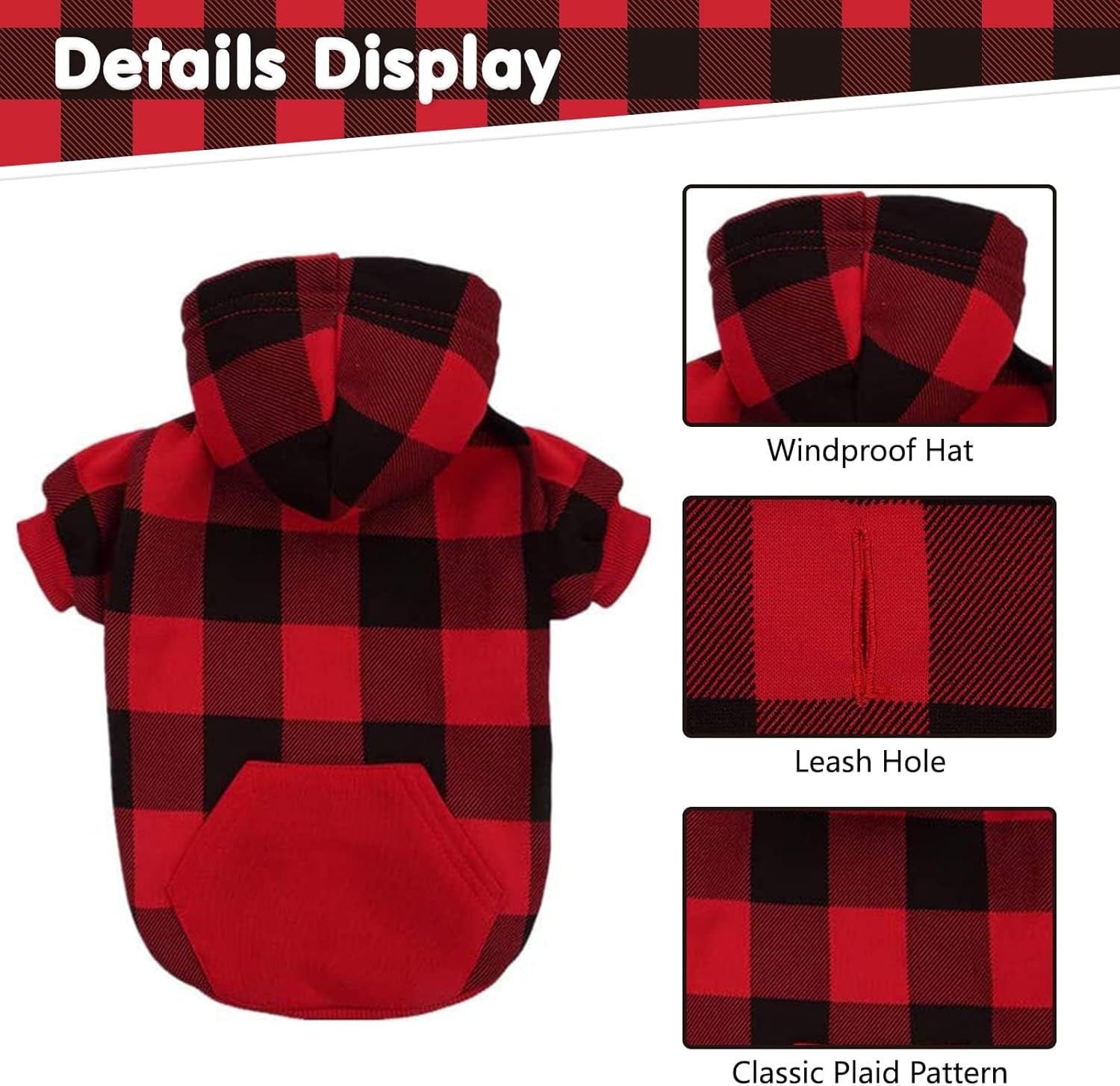 Plaid Dog Hoodie Pet Clothes Sweater with Hat and Pocket for Small Medium Large Size Dogs, Soft Winter Warm Dog Cold Weather Coat, Fleece Fall Dog Hooded Sweatshirt for Puppy Cats, Red XL