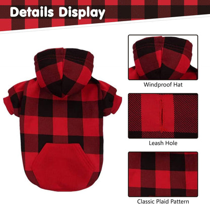 Plaid Dog Hoodie Pet Clothes Sweater with Hat and Pocket for Small Medium Large Size Dogs, Soft Winter Warm Dog Cold Weather Coat, Fleece Fall Dog Hooded Sweatshirt for Puppy Cats, Red XL