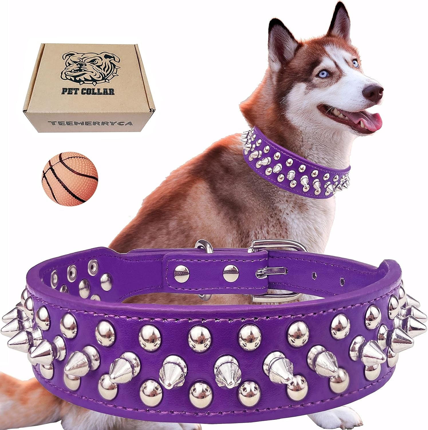 Adjustable Leather Spiked Studded Dog Collars with a Squeak Ball Gift for Small Medium Large Pets like Cats/Pit Bull/Bulldog/Pugs/Husky, Pink, L(15"-18.5")