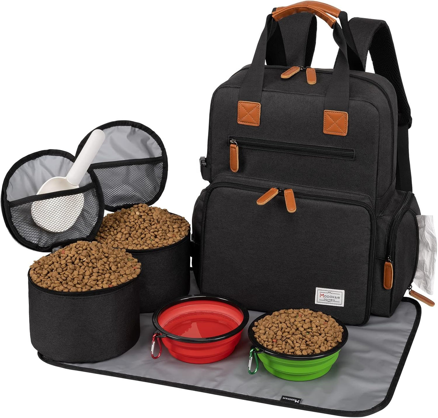 Dog Travel Bag - Airline Approved Backpack for Pet Accessories Organizer, Tote Weekend Bag with 2 Dog Food Containers, 2 Collapsible Bowls, 1 Pet Mat, Black