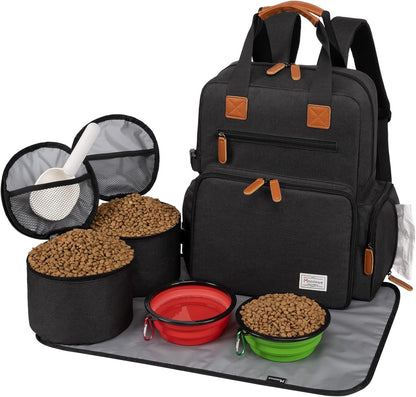 Dog Travel Bag - Airline Approved Backpack for Pet Accessories Organizer, Tote Weekend Bag with 2 Dog Food Containers, 2 Collapsible Bowls, 1 Pet Mat, Black