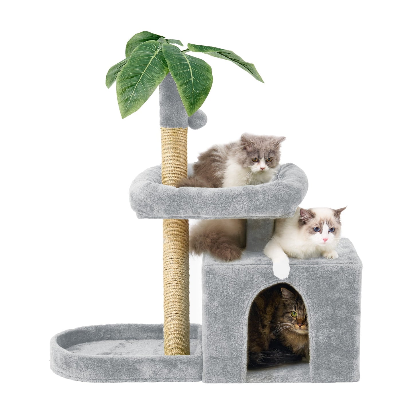 31.5" Cat Tree Cat Tower for Indoor Cats with Green Leaves, Cat Condo Cozy Plush Cat House with Hang Ball and Leaf Shape Design, Cat Furniture Pet House with Cat Scratching Posts, Green