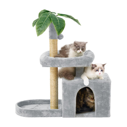 31.5" Cat Tree Cat Tower for Indoor Cats with Green Leaves, Cat Condo Cozy Plush Cat House with Hang Ball and Leaf Shape Design, Cat Furniture Pet House with Cat Scratching Posts, Green