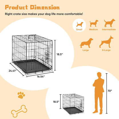 Small Dog Crate with Divider Panel, 24" Double Door Folding Metal Wire Dog Cage with Plastic Leak-Proof Pan Tray