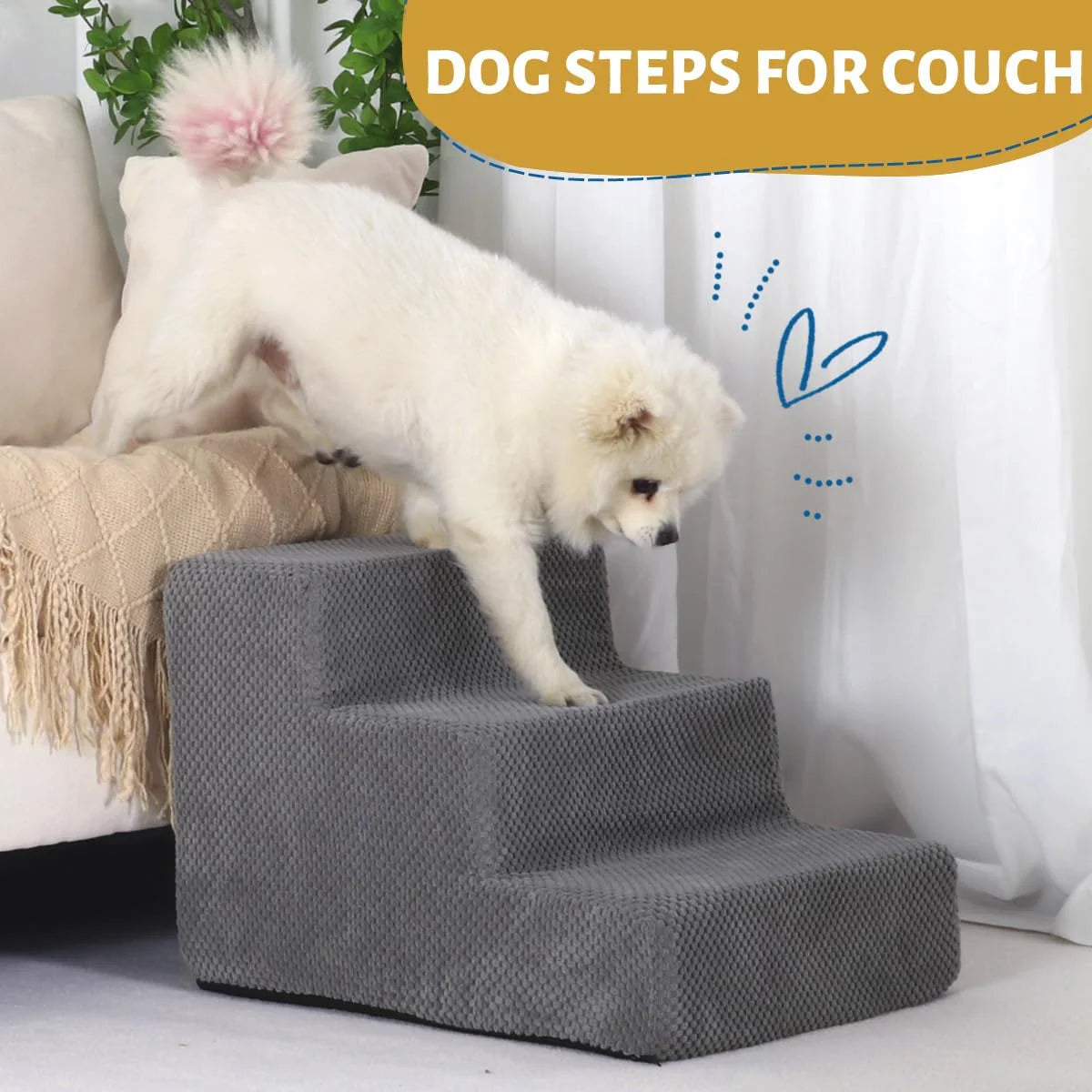 Dog Stairs for Small Dogs & Cats, Non-Slip Pet Stairs 3-Step for Chairs and Couch, Grey