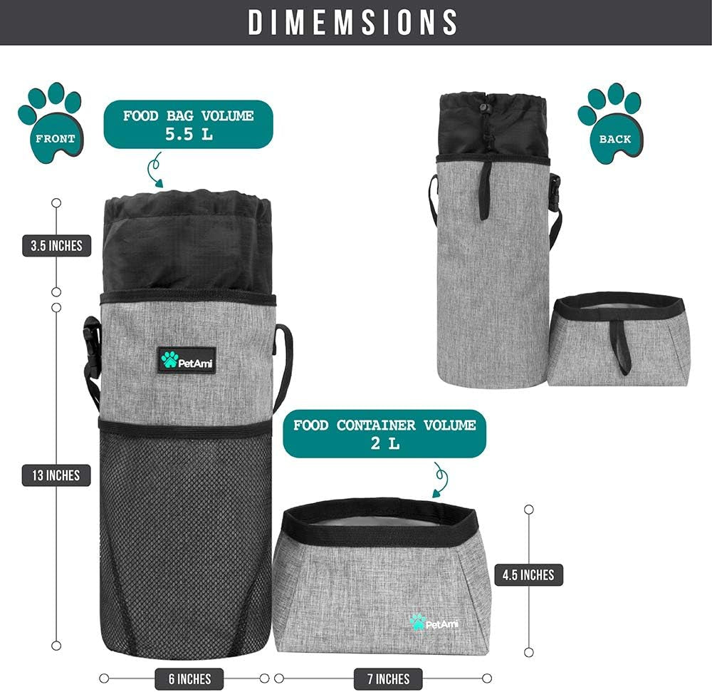 Travel Dog Food Bag Pet Collapsible Dog Bowls Set, Dog Kibble Bag, Pet Food Water Bowls for Dogs Cats, Foldable Waterproof Dog Camping Bowls Cup Dish Accessories for Hiking, Heather Gray