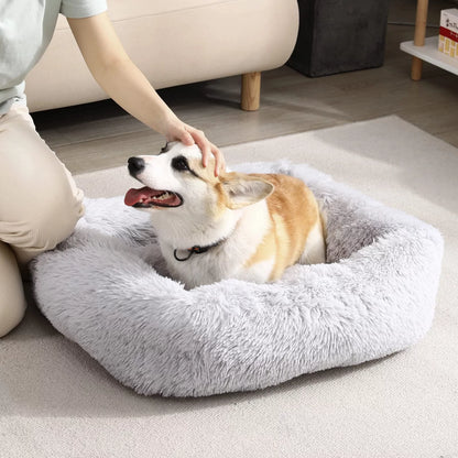 Rectangle Plush Dog Bed Cat Beds for Small Dogs,Washable Medium Pet Beds Medium（26X22X7In,Under 25 Lbs）, Lightgrey