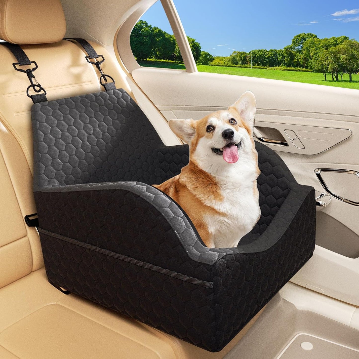 Dog Car Seat for Small Dogs, Elevated Dog Booster Seat Pet Travel Carrier Bed for Car with Adjustable Straps Pet Car Booster Seat for Small Dogs Cats