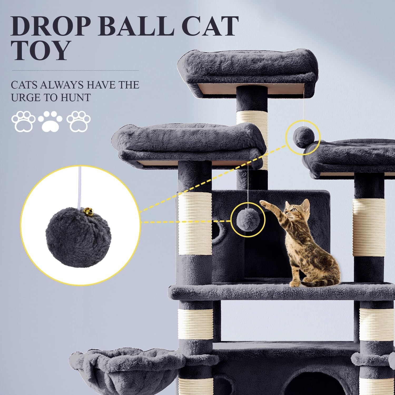 68 Inches Cat Tree/House and Towers for Big Feline/Scratching Post/Multi-Level Large Kitty Climbing Tree with Condo/Smokey Grey