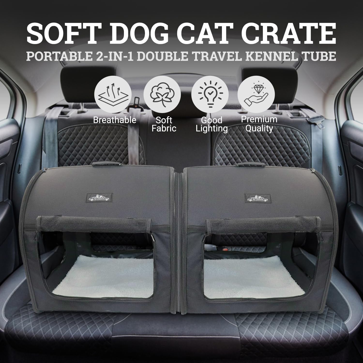 Soft Dog Cat Crate the Portable 2-In-1 Double Travel Kennel Tube Carrier for All Pets Car Seat Ready