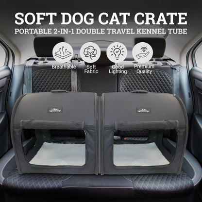 Soft Dog Cat Crate the Portable 2-In-1 Double Travel Kennel Tube Carrier for All Pets Car Seat Ready