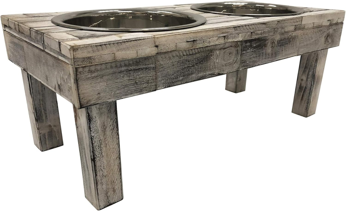 Pet Berjen Table Elevated Double Bowl Feeder, White Wash (Large)