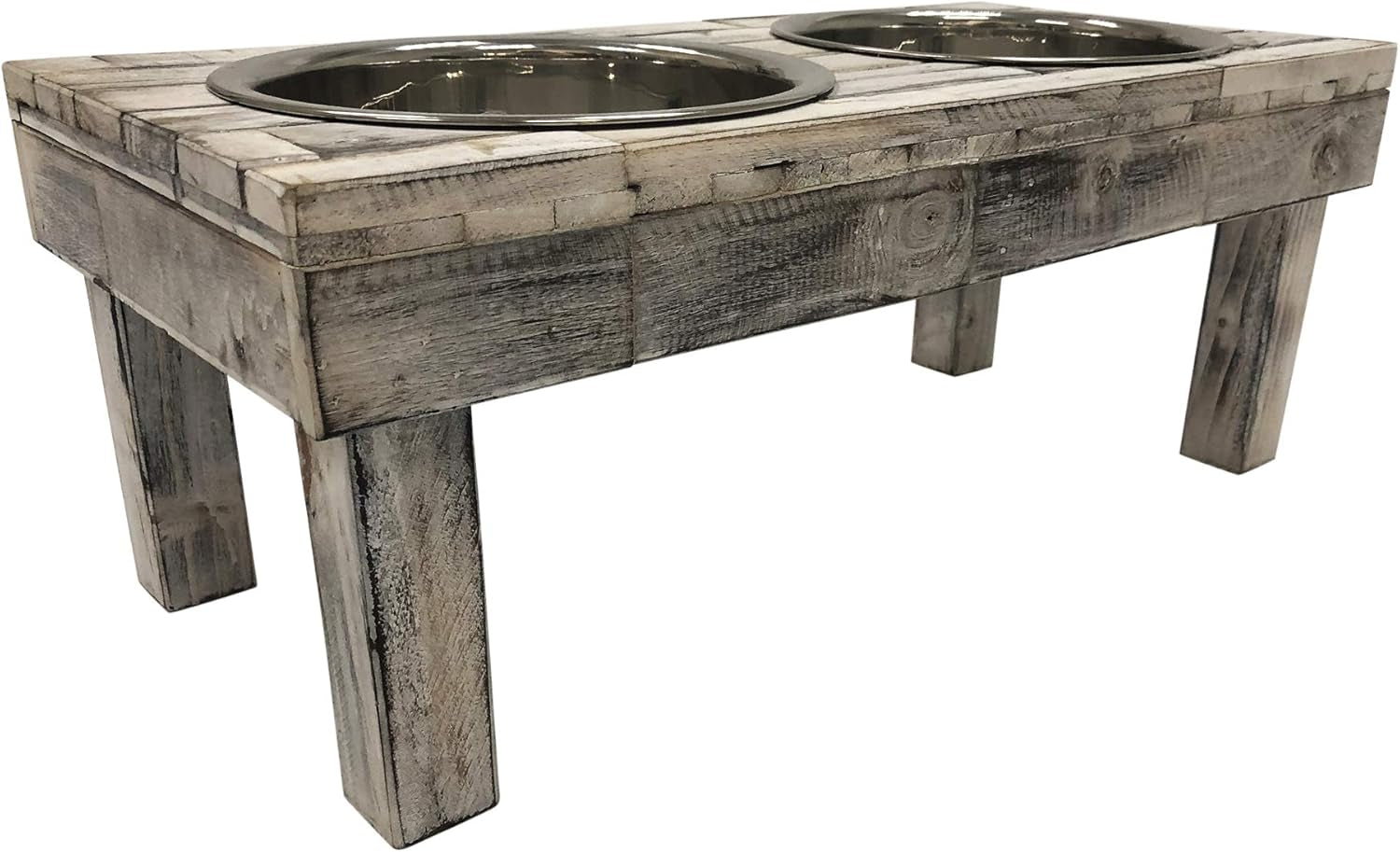 Pet Berjen Table Elevated Double Bowl Feeder, White Wash (Large)