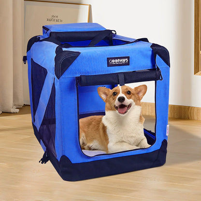: 30" Soft Pet Crate - Blue - Dogs & Cats up to 50 Lbs, 3 Door Folding Kennel, Indoor Outdoor Travel Carrier, Mesh Windows, Fleece Mat, Goopaws