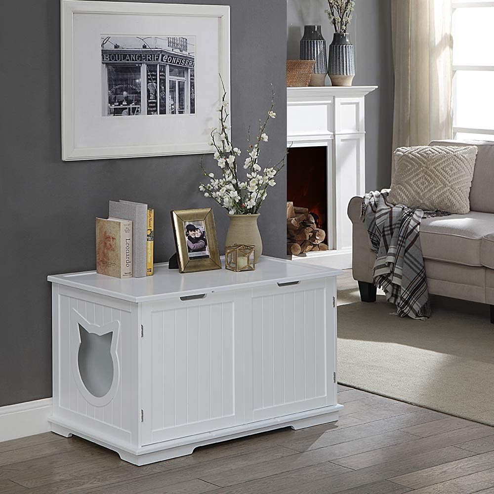 X-Large Designer Cat Washroom Storage Bench Cat Litter Box Enclosure Furniture Box House with Table (White)