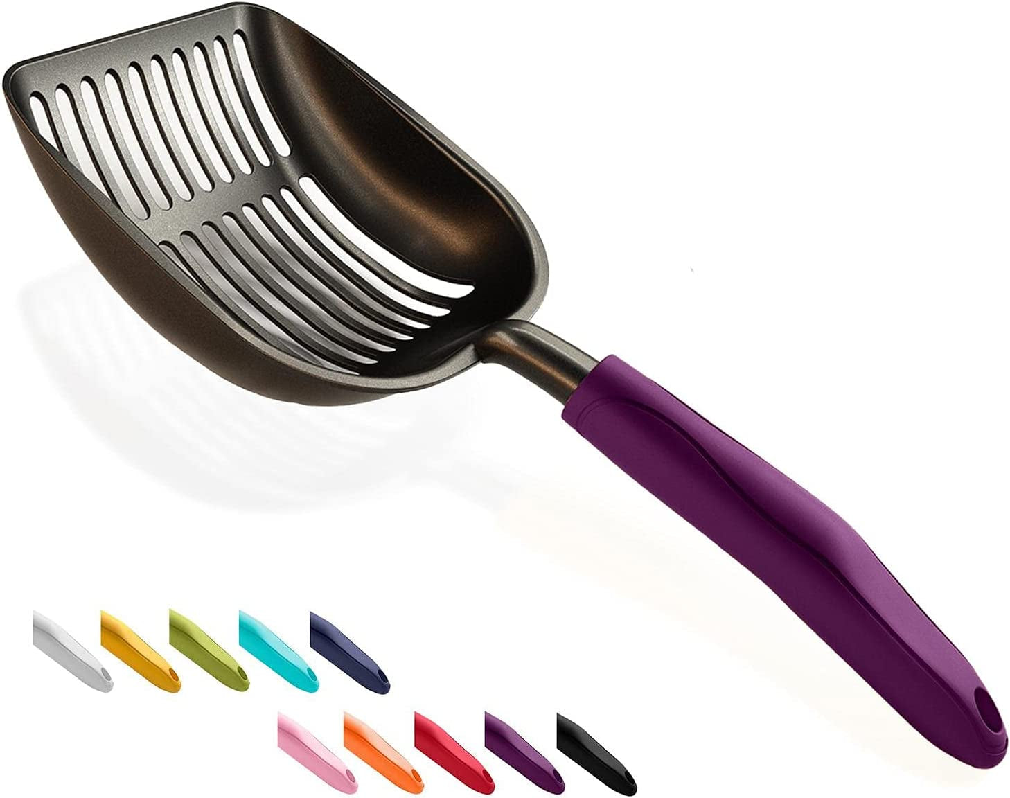 Cat Litter Scoop, Non-Stick Plated Aluminum Alloy Sifter, Kitty Durable Metal Scooper, Deep Shovel, Long Handle, Kitten Pooper Lifter, Size Large, Coated Black Body with Black Handle