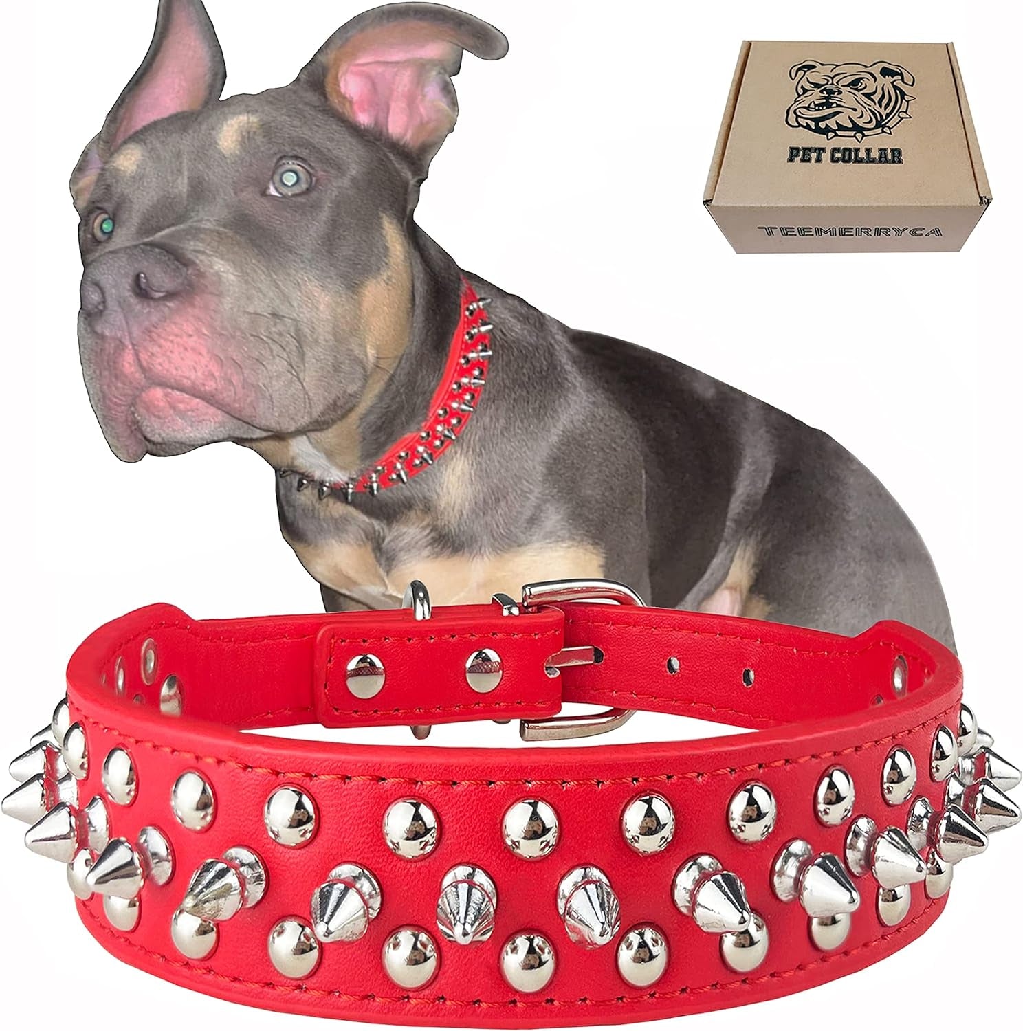 Adjustable Leather Spiked Studded Dog Collars with a Squeak Ball Gift for Small Medium Large Pets like Cats/Pit Bull/Bulldog/Pugs/Husky, Pink, L(15"-18.5")