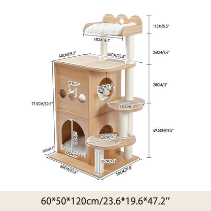 51" Cat Tower for Large Cats Modern Wooden Cat Tree Multi-Level Cat Tree Tower Cat Sky Castle with Cozy Cat Condos, Beige