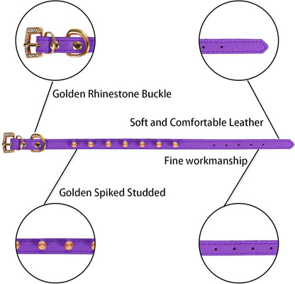 One Row Golden Spiked Studded Leather Dog Collar/Cat Collar with Golden Rhinestone Buckle for Small Dog/Cat Puppy Kitty (Purple, XS)