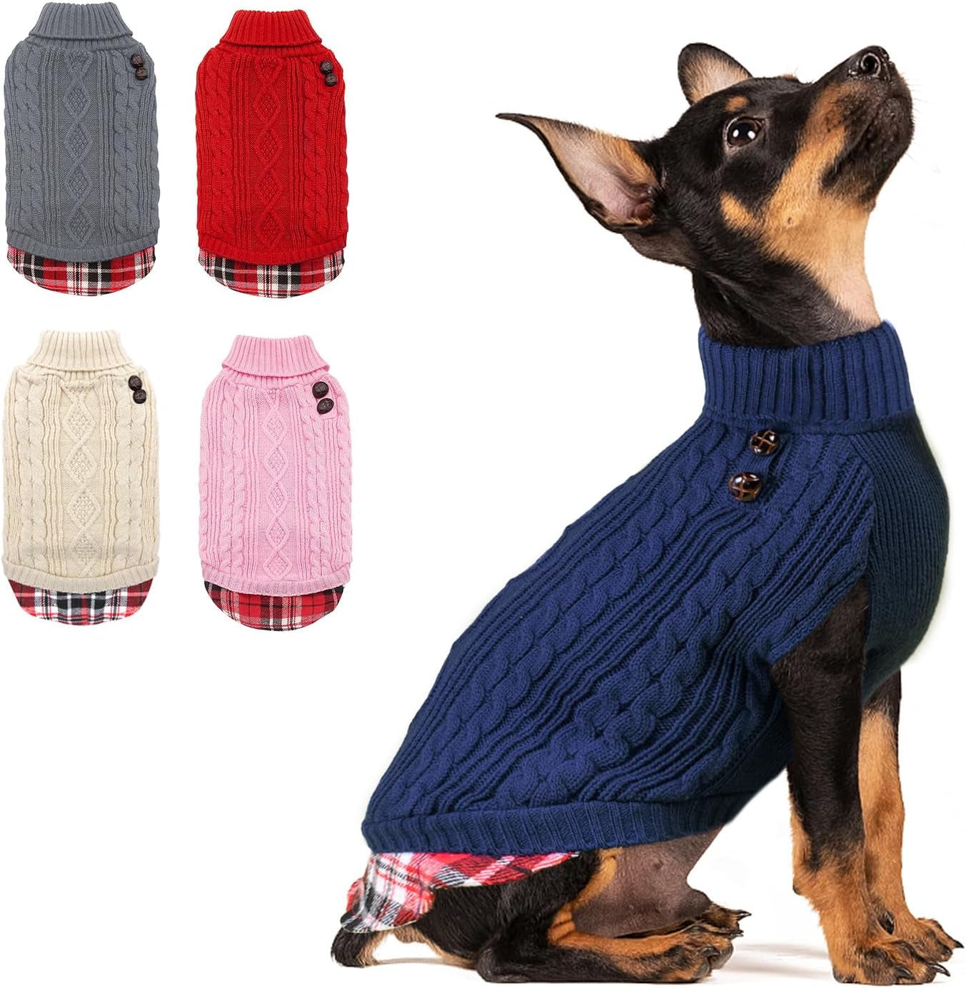 Dog Christmas Sweater Stretchy Pet Coat for Small Dogs Male Turtleneck Small Dog Sweater Red Puppy Clothes Knitwear Puppy Coats with Gingham Patchwork Pet Clothes for Fall Winter