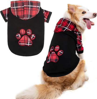 Plaid Dog Hoodie Pet Clothes Sweater with Hat and Pocket for Small Medium Large Size Dogs, Soft Winter Warm Dog Cold Weather Coat, Fleece Fall Dog Hooded Sweatshirt for Puppy Cats, Red XL