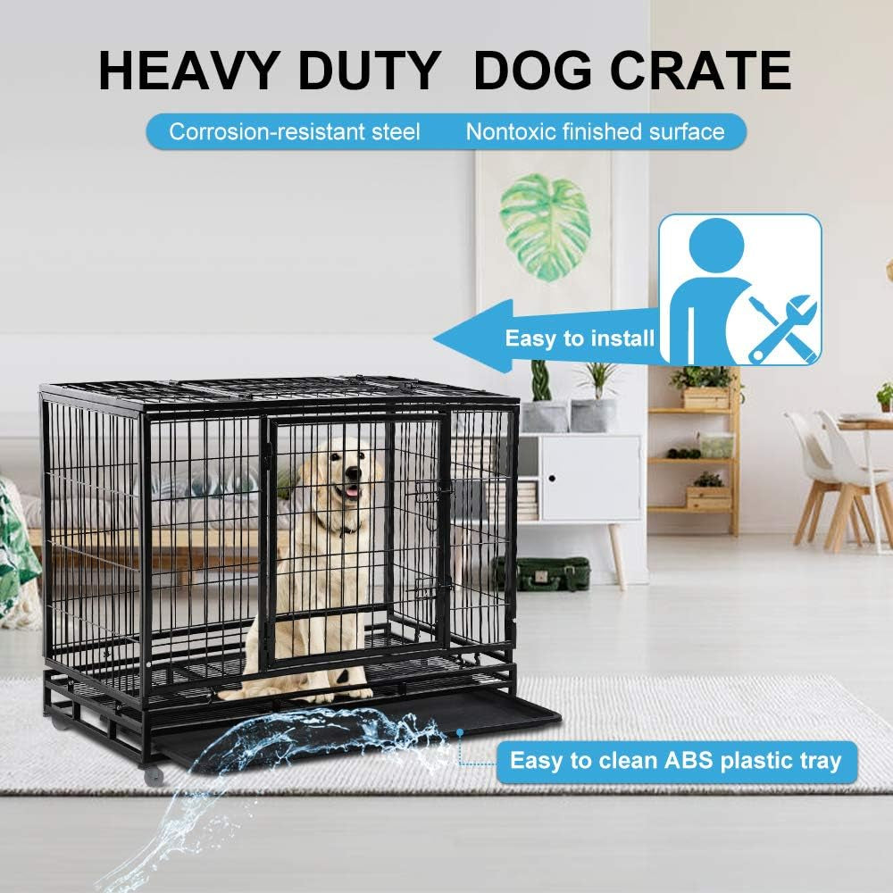 Dog Cage Crate Heavy Duty Sturdy Metal 48/42/36" Large Pet Dog Kennel Fence for Training, Indoor and Outdoor Dog Fence with Lockable Wheels and Plastic Tray and Double Door and Lock Design,Black
