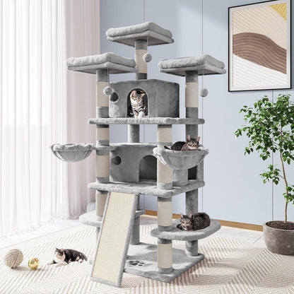 68 Inches Cat Tree/House and Towers for Big Feline/Scratching Post/Multi-Level Large Kitty Climbing Tree with Condo/Smokey Grey