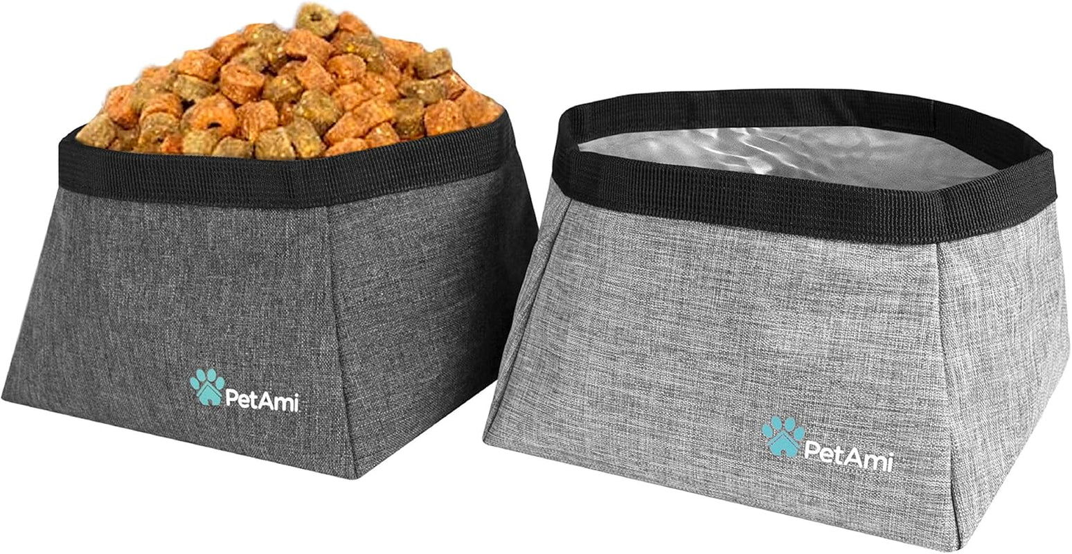 Travel Dog Food Bag Pet Collapsible Dog Bowls Set, Dog Kibble Bag, Pet Food Water Bowls for Dogs Cats, Foldable Waterproof Dog Camping Bowls Cup Dish Accessories for Hiking, Heather Gray