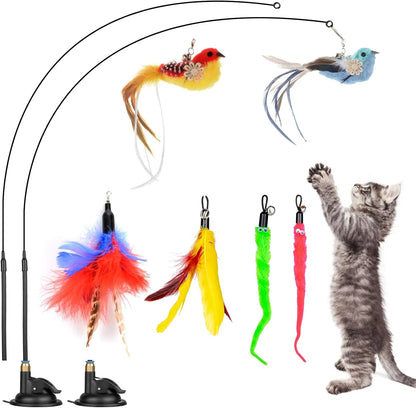 Cat Feather Toys, 13PCS Replacement Teaser with Bell Refills and 2PCS Retractable Cat Wand Toy , Interactive Cat Wand for Kitten Cat Having Fun Playing