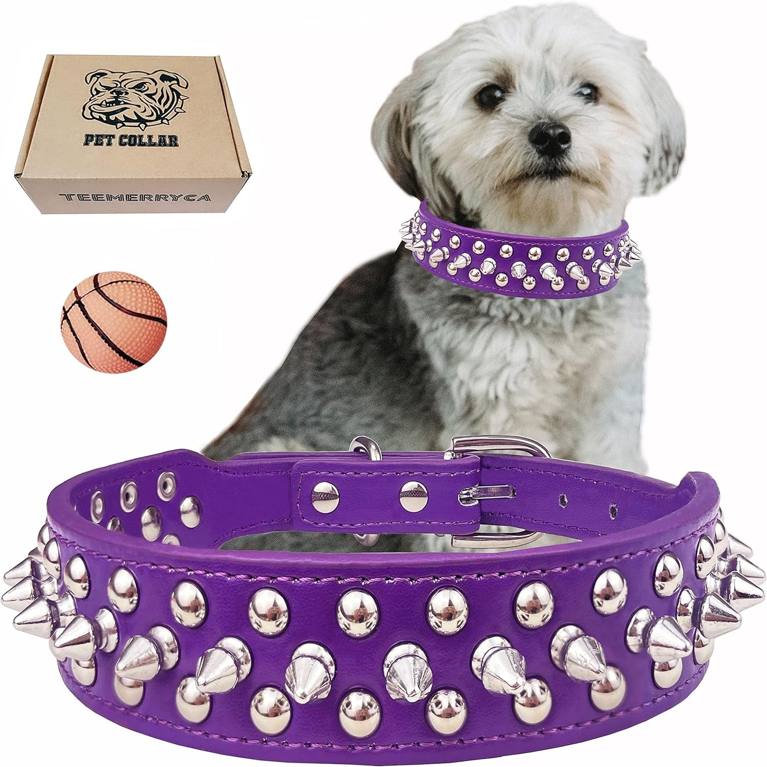 Adjustable Leather Spiked Studded Dog Collars with a Squeak Ball Gift for Small Medium Large Pets like Cats/Pit Bull/Bulldog/Pugs/Husky, Pink, L(15"-18.5")