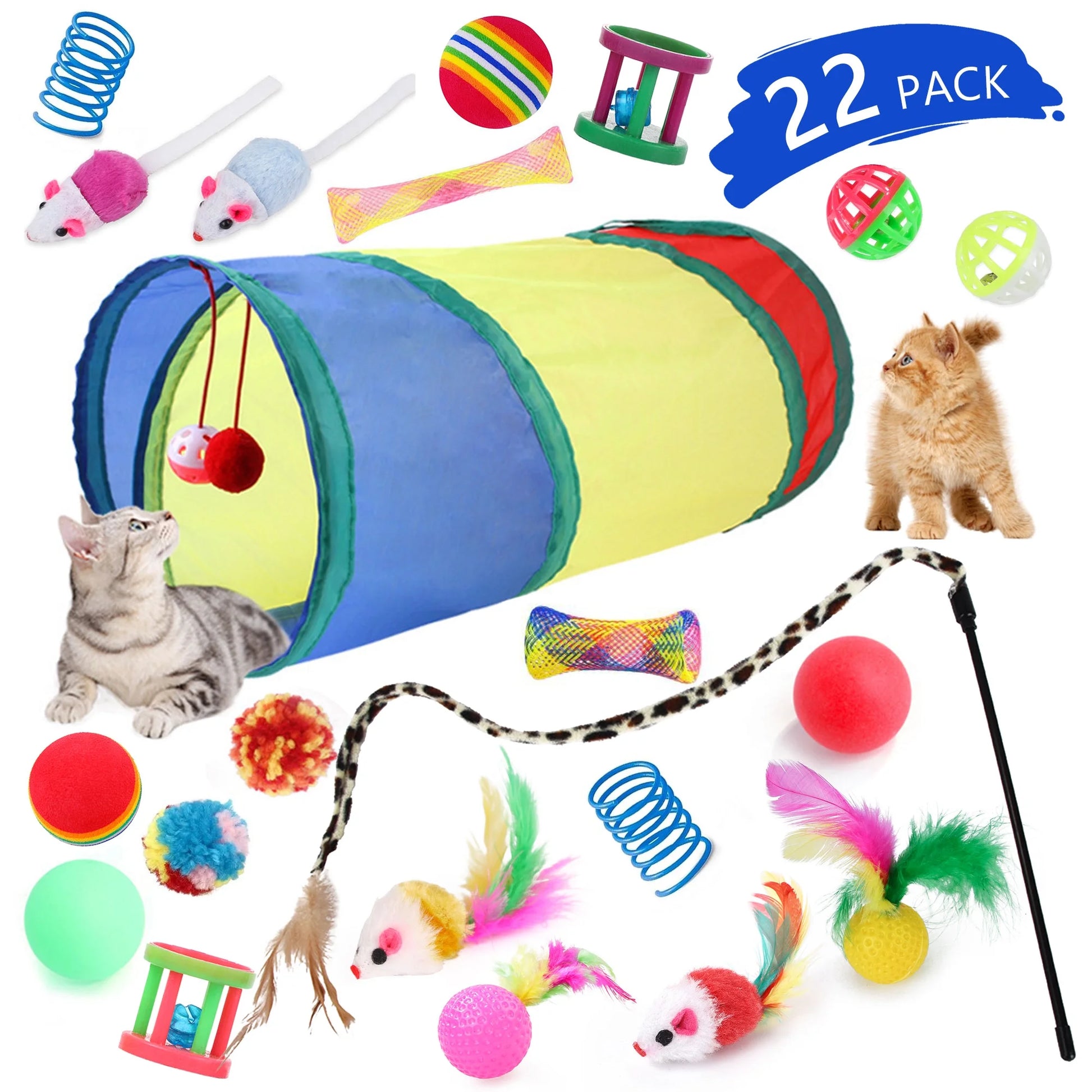 21 Pcs Cat Toys Kitten Toys Assortments Tunnel Interactive Cat Teaser Fluffy Mouse Crinkle Balls for Cat