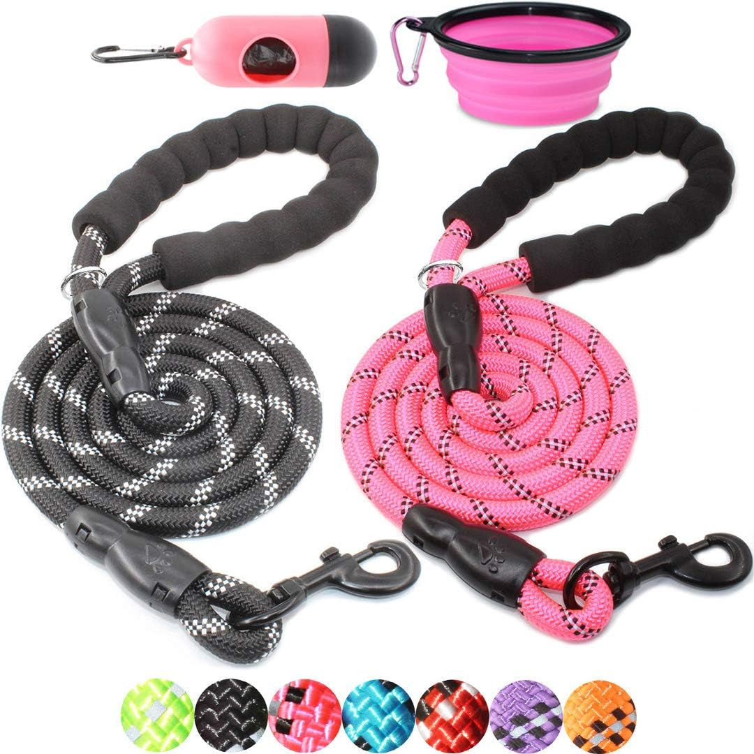 2 Packs 5/6 FT Dog Leash with Comfortable Padded Handle and Highly Reflective Threads Dog Leashes for Small Medium and Large Dogs (5FT-1/2'', Blue+Pink)