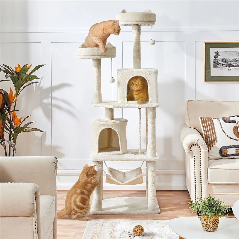 62.2''H Multi Level Cat Tree Tower with Condos Foam-Padded Perches, Light Gray
