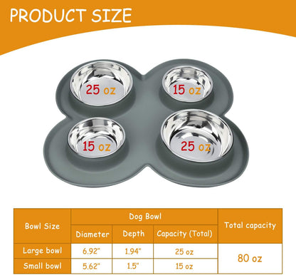 4 Dog Cat Bowls Set Stainless Steel Water and Food Dishes with Non Spill Skid Resistant Silicone Mat for Pets Small Medium Puppy Feeder for Multiple Pets