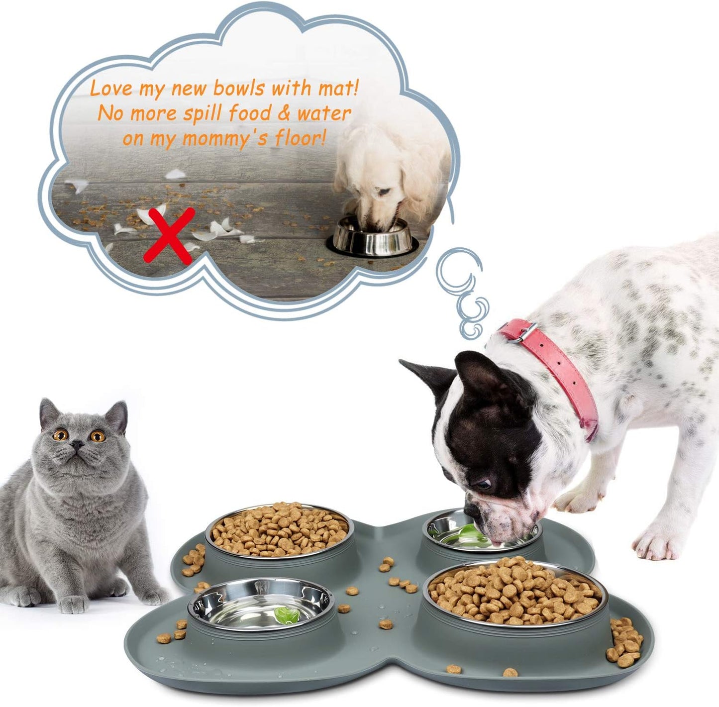 4 Dog Cat Bowls Set Stainless Steel Water and Food Dishes with Non Spill Skid Resistant Silicone Mat for Pets Small Medium Puppy Feeder for Multiple Pets