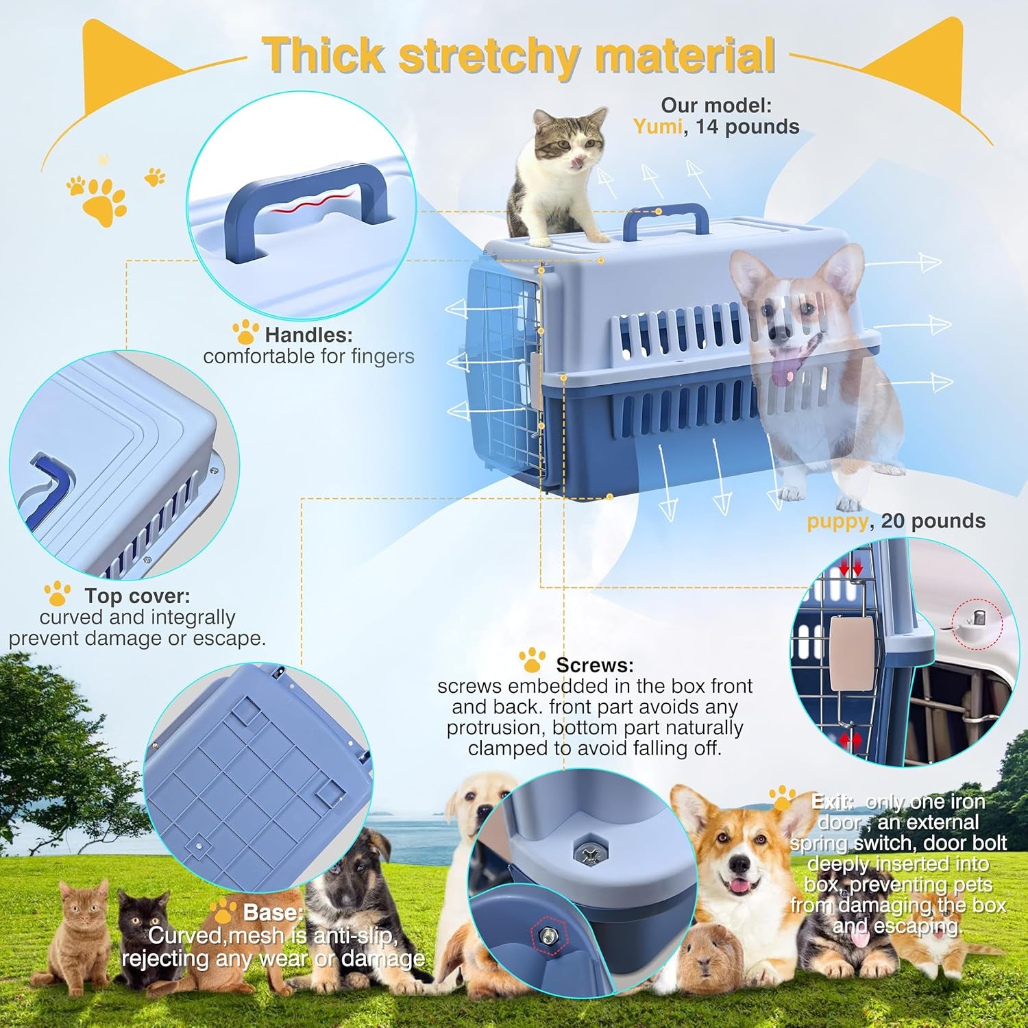 -Pets Spree Travel Pet Carrier Dog/Cat Hard-Sided Carriers for Pets up to 14 Pounds Small Animal Carrier Airline/Road Travel Approved Stout (Blue)