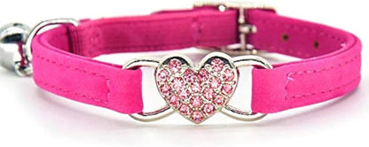 Pink Soft Velvet Safe Cat Adjustable Collar with Crystal Heart Charm and Bells 8-11 Inches(Black+Red+Pink+Blue)