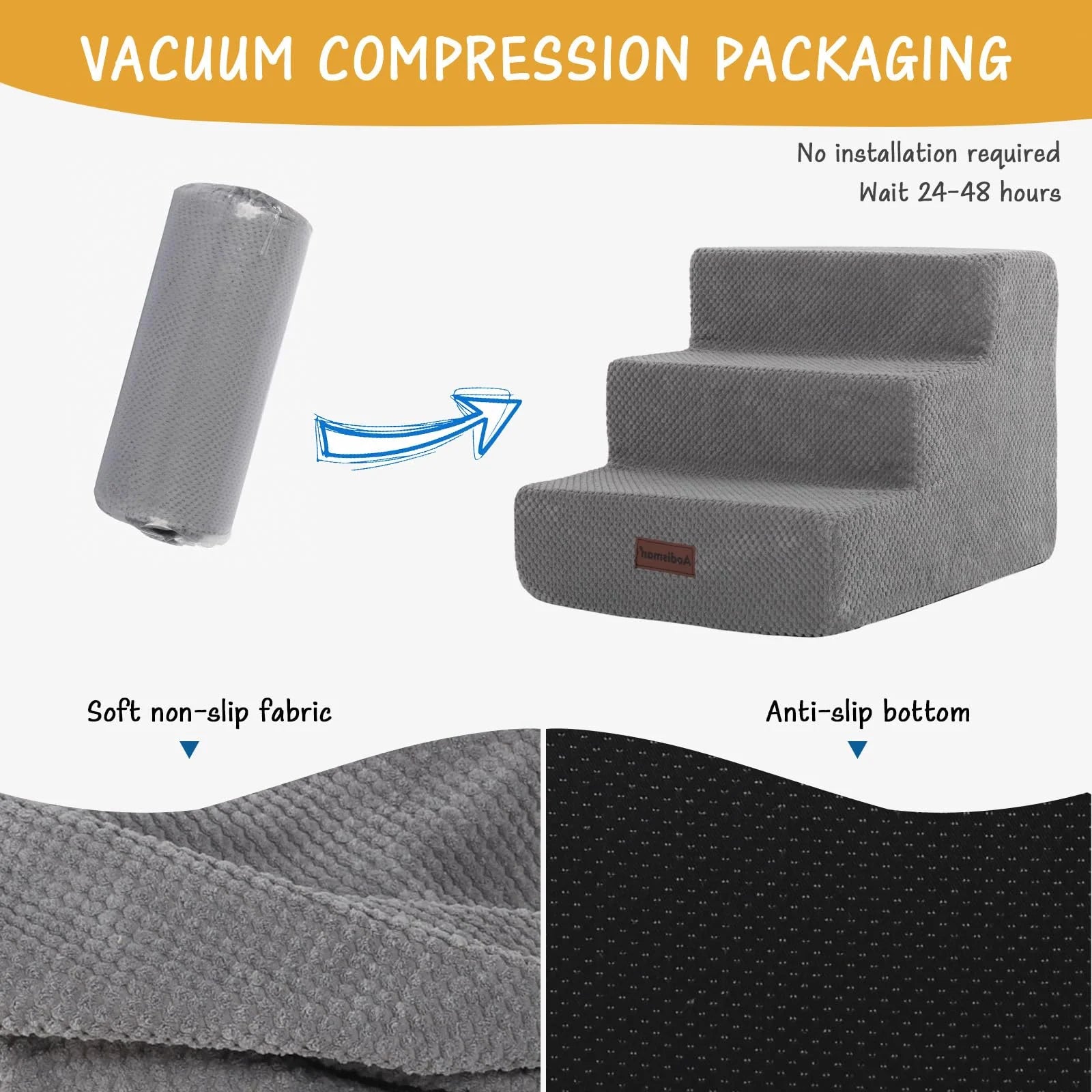 Dog Stairs for Small Dogs & Cats, Non-Slip Pet Stairs 3-Step for Chairs and Couch, Grey