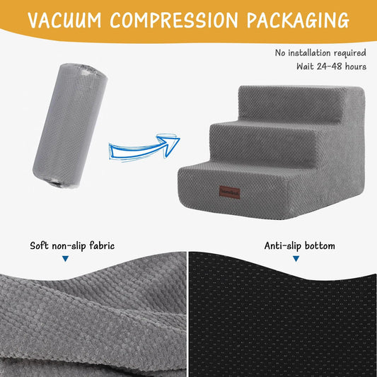 Dog Stairs for Small Dogs & Cats, Non-Slip Pet Stairs 3-Step for Chairs and Couch, Grey