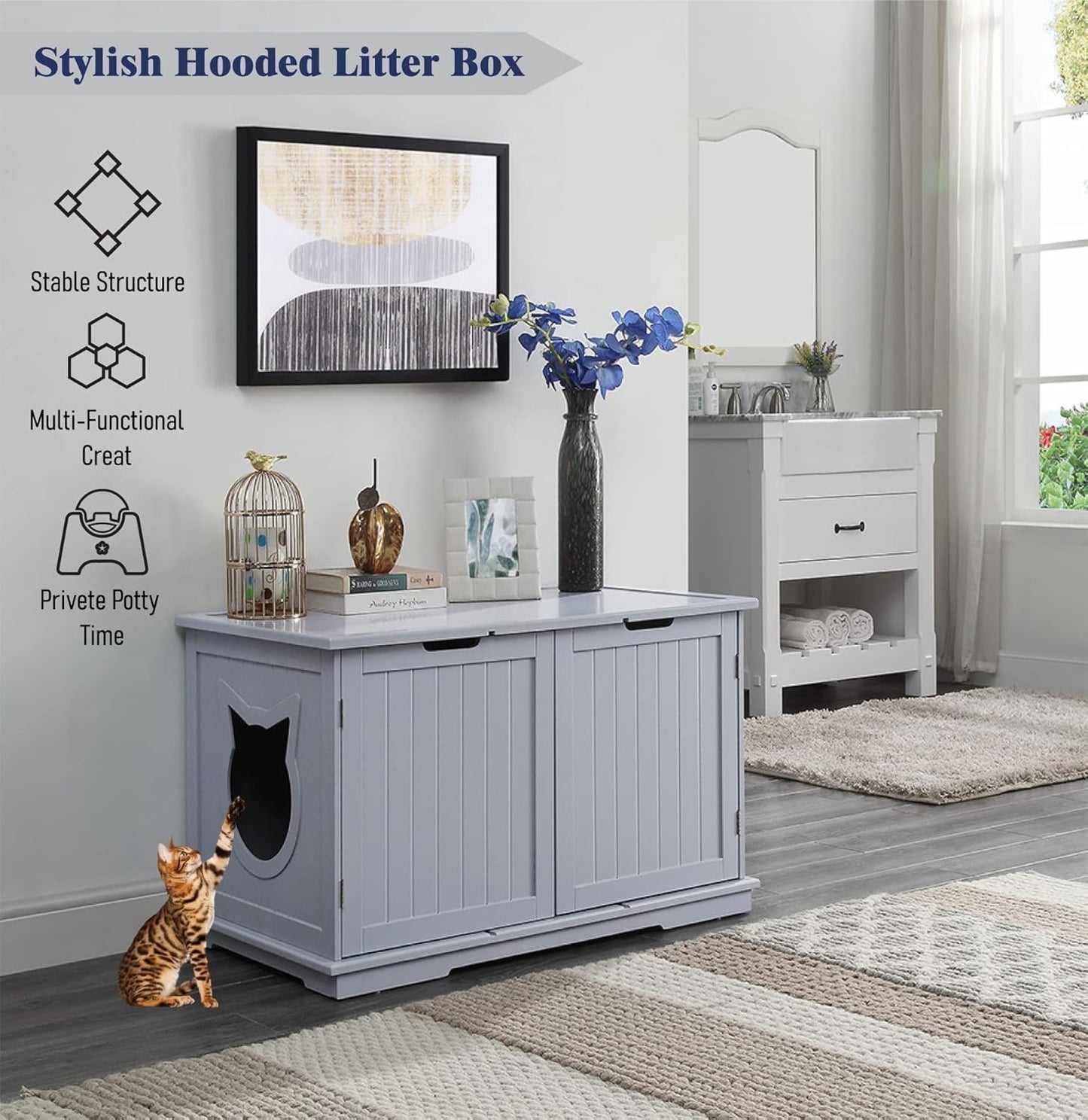 X-Large Designer Cat Washroom Storage Bench Cat Litter Box Enclosure Furniture Box House with Table (White)