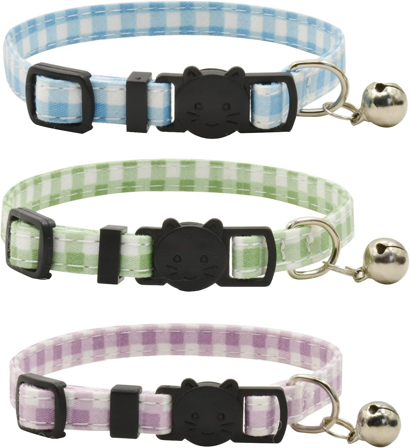 Breakaway Cat Collars with Bell, Set of 3, Durable & Safe Cute Kitten Collars Safety Adjustable Kitty Collar for Cat Puppy 7.5-11In (Green,Cyan,Black)
