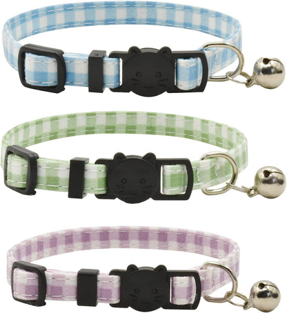 Breakaway Cat Collars with Bell, Set of 3, Durable & Safe Cute Kitten Collars Safety Adjustable Kitty Collar for Cat Puppy 7.5-11In (Green,Cyan,Black)