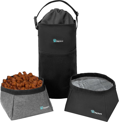 Travel Dog Food Bag Pet Collapsible Dog Bowls Set, Dog Kibble Bag, Pet Food Water Bowls for Dogs Cats, Foldable Waterproof Dog Camping Bowls Cup Dish Accessories for Hiking, Heather Gray