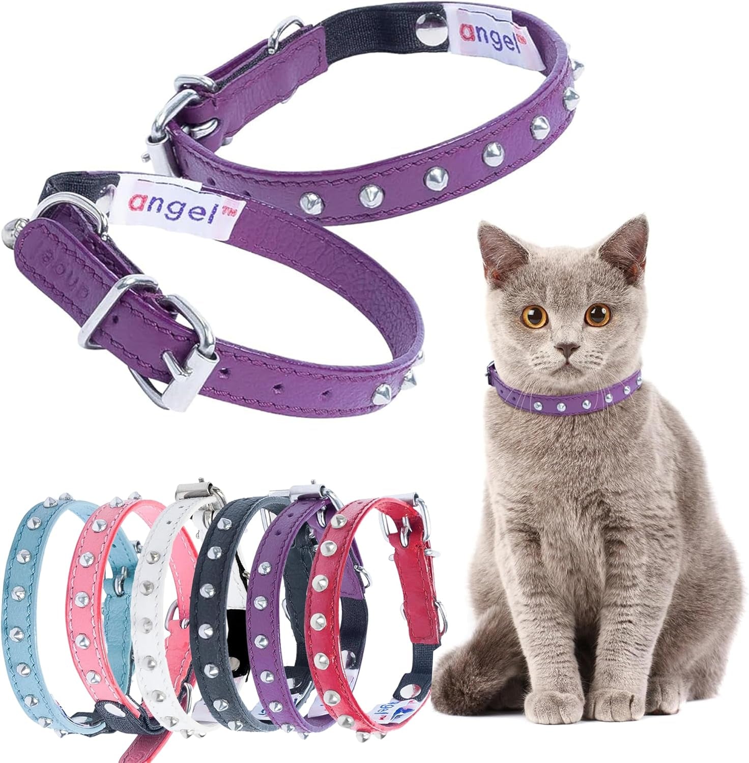 Studded Cat Collar, Genuine Leather Kitten Collar, Sturdy Breakaway Cat Collar with Bell and Elastic Stretch, Cat Accessories, Ivory White, 10 X 1/2 Inches -